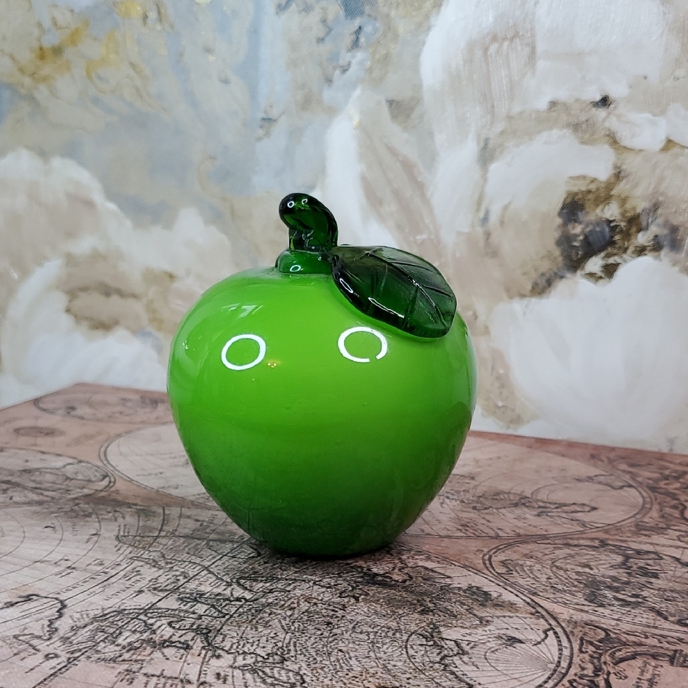 Green Glass Apple Ornament Faux Fruit Bowl Filler Paperweight